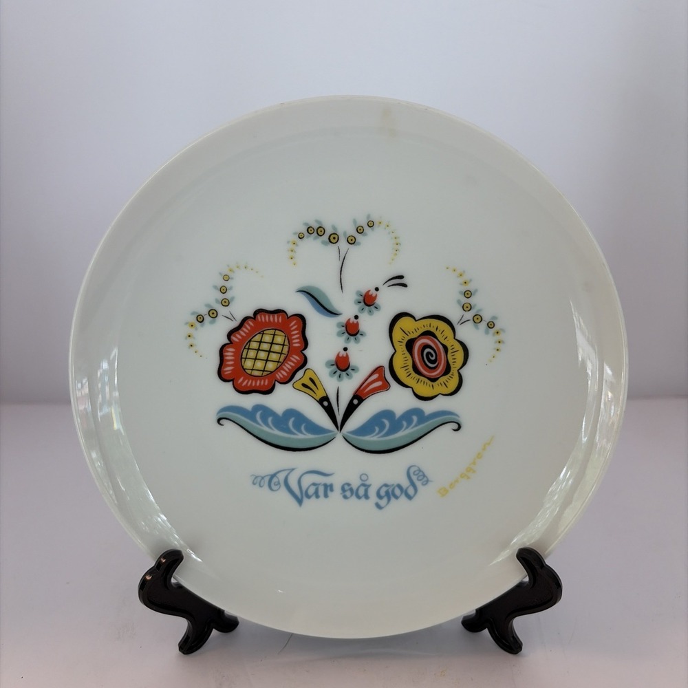 Vintage Swedish Floral Berggren Porcelain Plate "Var Så God" Help Yourself 7.75"